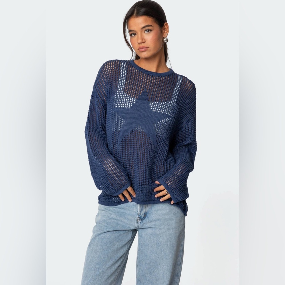 Edikted Navy Mesh Star Sweater